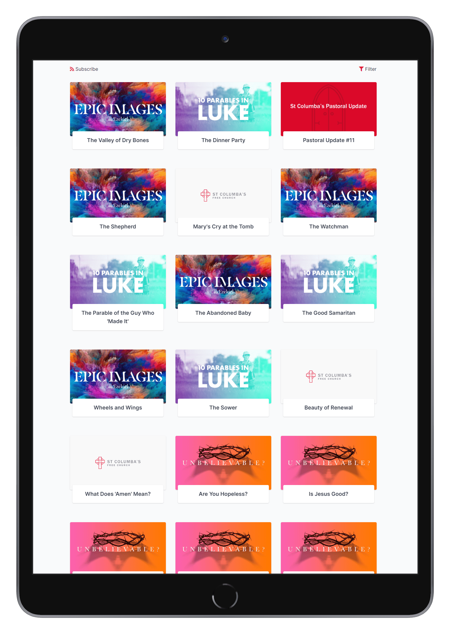 Sermon hosting dashboard showing sermon list, podcast feeds, and analytics