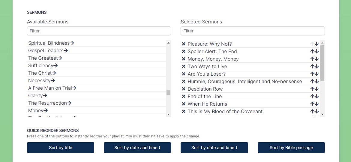 Sermon playlist editor showing a list of sermons grouped into a custom playlist